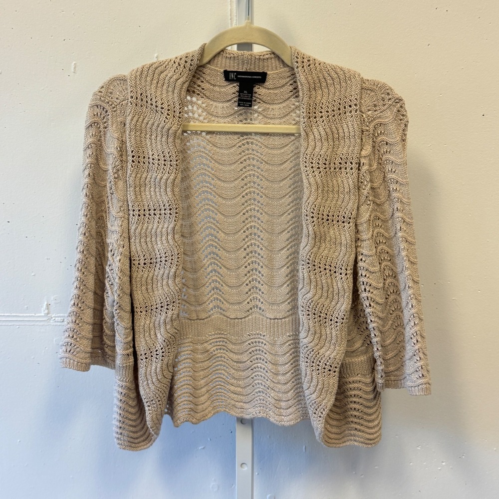 Y2K INC International Concepts Tan Pointelle Crochet Open Cardigan XL 3/4 Sleeve